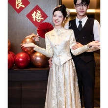 新中式订婚旗袍敬酒服新娘香槟色结婚礼服感长袖连衣裙春夏季