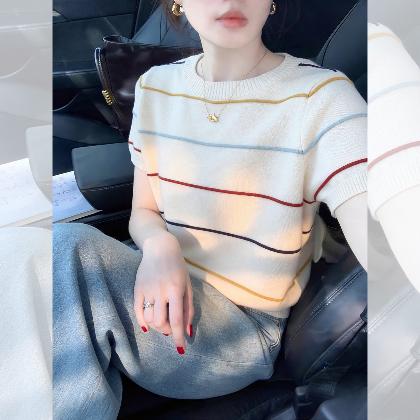 尊嘟太美腻了！杏色彩条纹圆领宽松短袖T恤绝美巨好看氛围感上衣