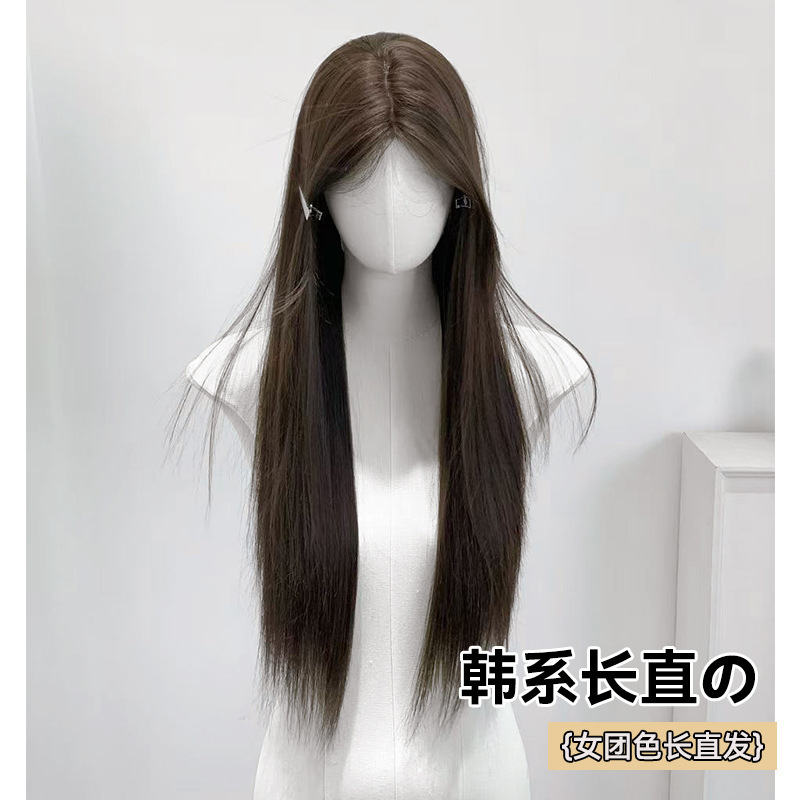 Xinxin wig women's cross-border wholesale Zhiyan cold brown long straight hair lazy natural forehead lace women's full head cover