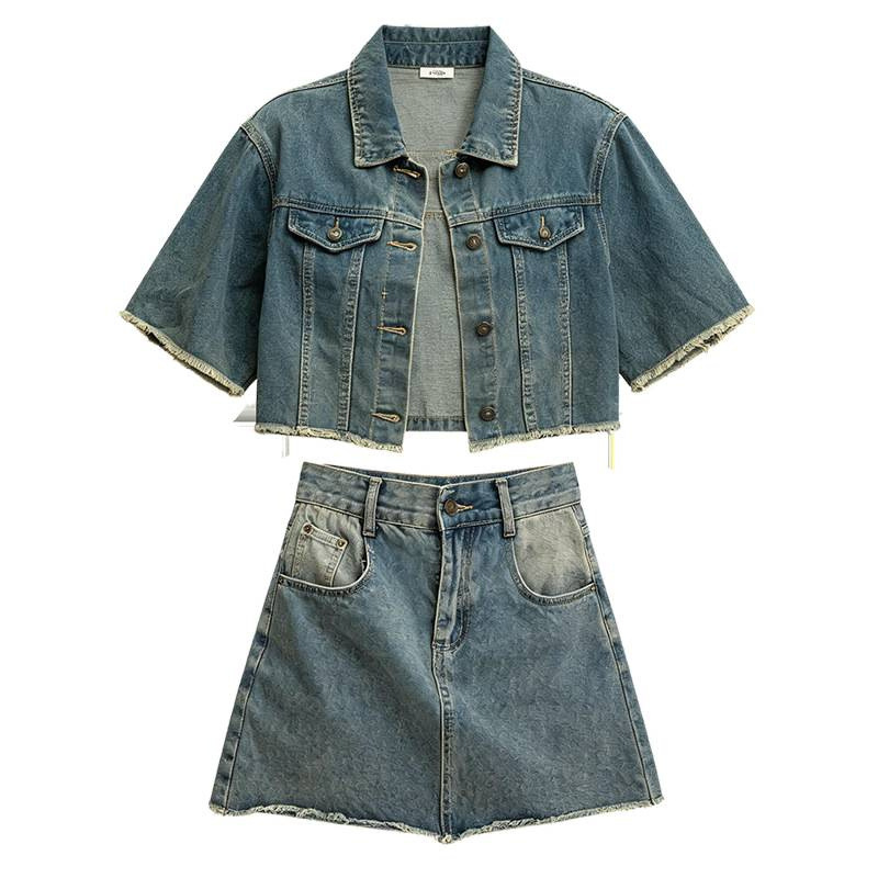 Chica caliente Hong Kong estilo denim vestido de mujer de verano francesa bordilla manga corta abrigo vestido de busto dos piezas set