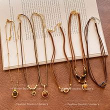 美拉德棕色太阳花虎眼石项链女2025新款双层复古配饰高级感毛衣链