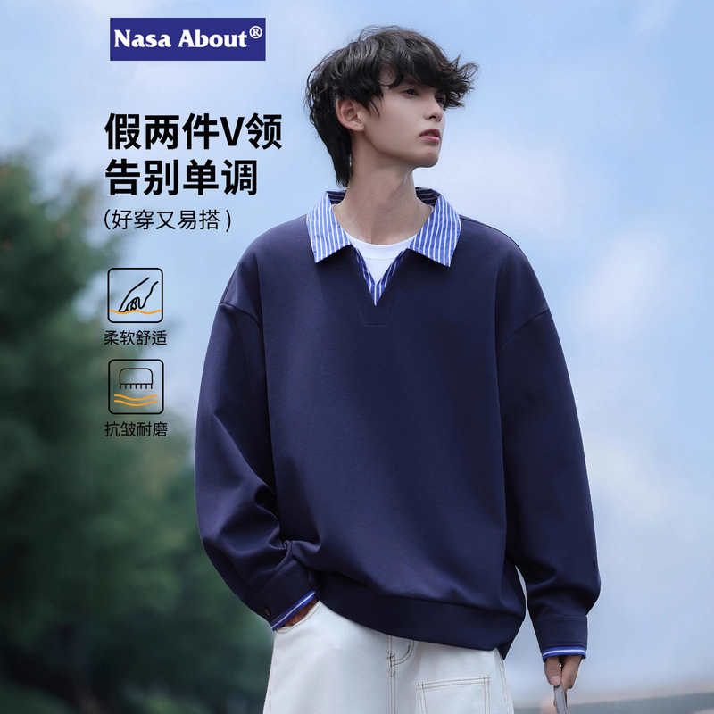 NASA学院风拼接卫衣男士春秋季2025新款假两件衬衫领长袖翻领卫衣|undefined