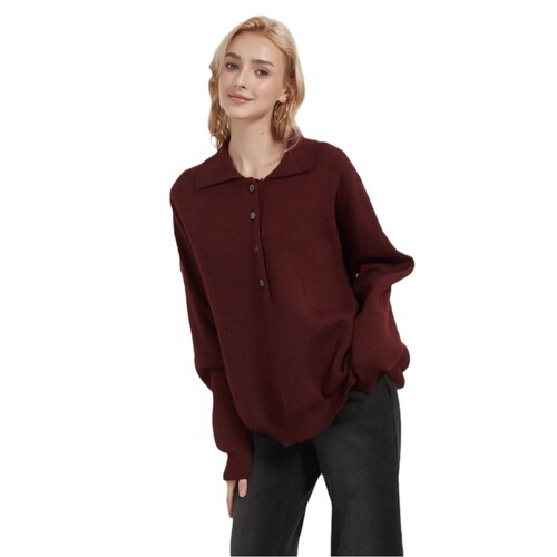 Women's Loose Polo Neck Knit Sweater, Western Style Fashion, Autumn Encore, Red