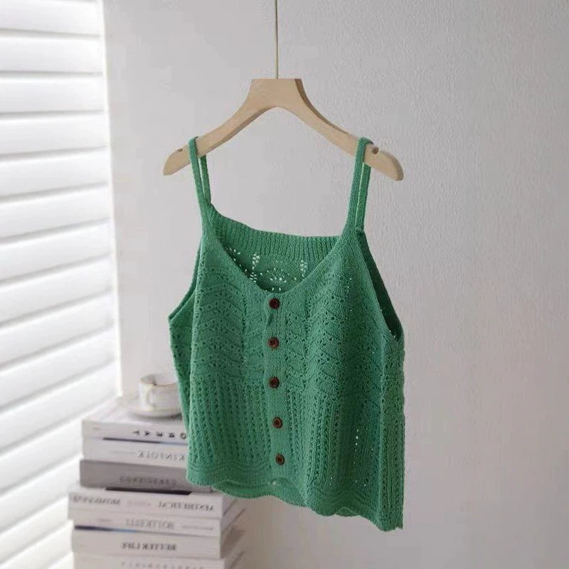 Lace Hollow-Out Knitted Cardigan Camisole New Style Loose Wave-Pattern Vest Top Cover-Up Camisole Outerwear Layering