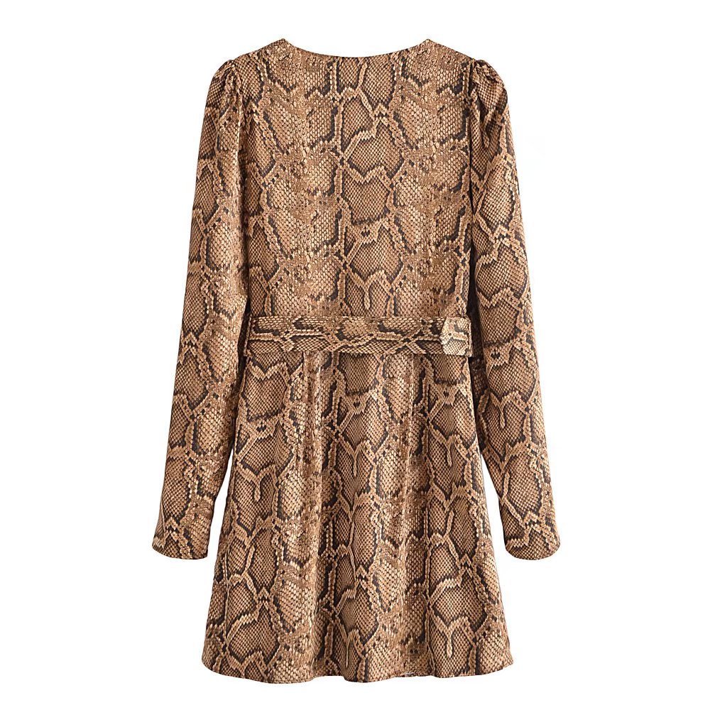 Snake Print Long-Sleeved V-Neck Silk Satin Dress NSXFL101860