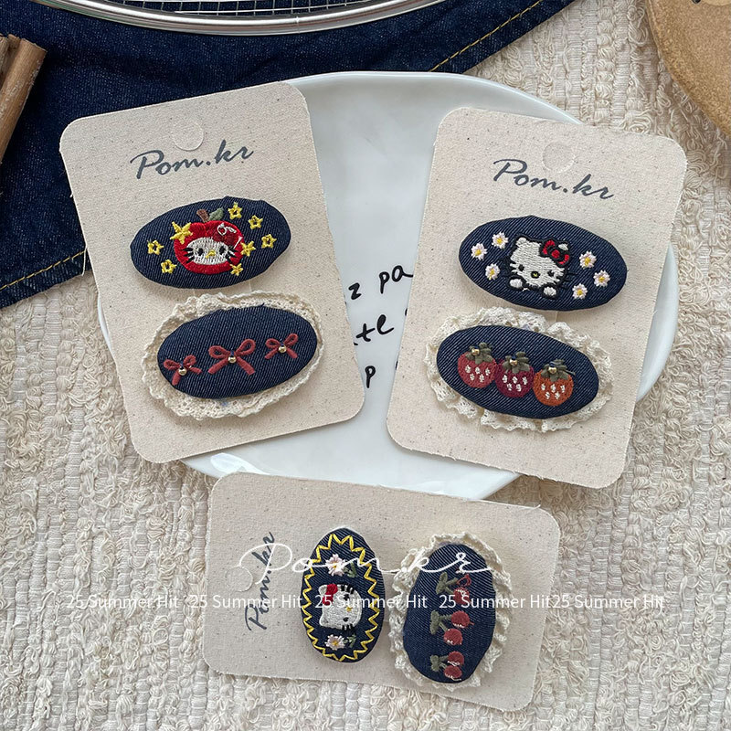 新款韩版甜美牛仔卡通发夹手工儿童布艺侧边碎发刘海夹少女掰掰夹|undefined