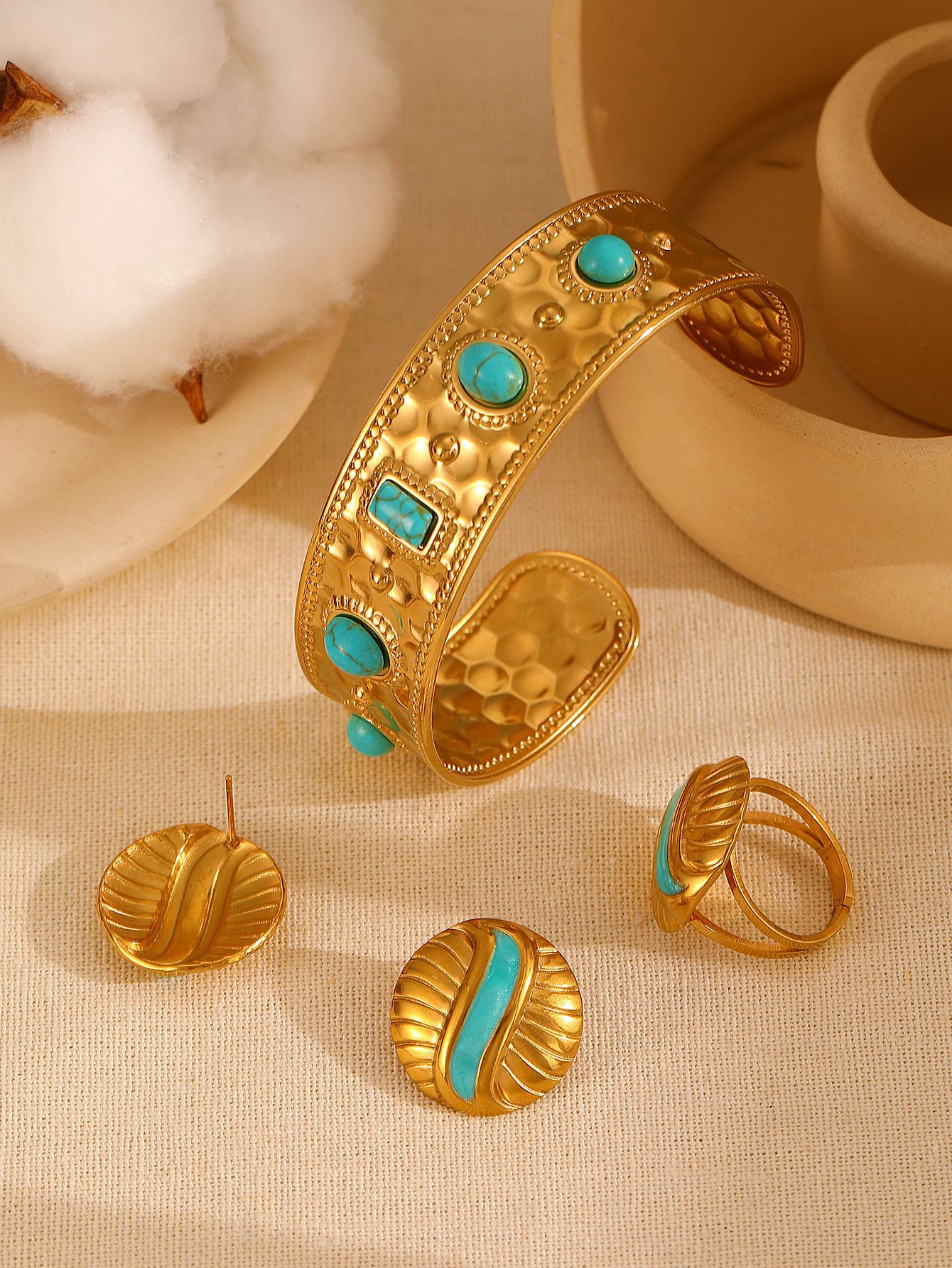 Geometric Pattern Vacuum Plating PVD Coated 18K Real Gold Plated Geometric 304 Stainless Steel Elegant Retro Rings Bracelets Bangle