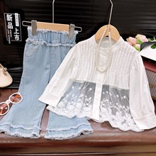 女童2025春秋季新款童装可爱蕾丝衬衫上衣加牛仔裤两件套女宝套装