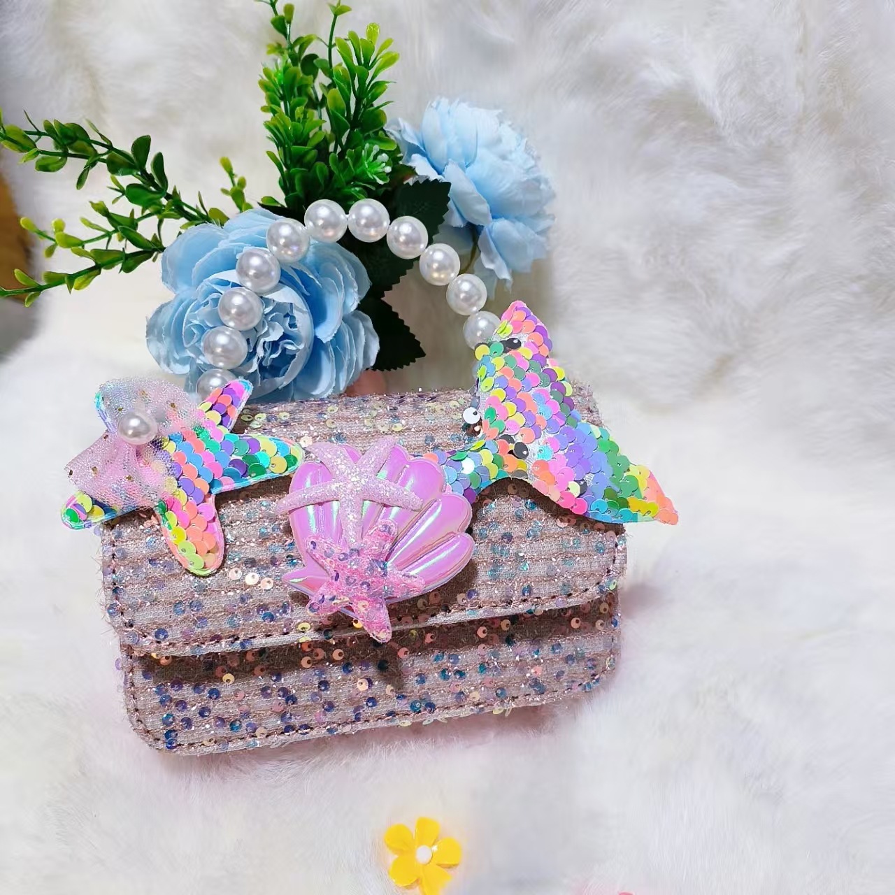 Bolsos infantiles transfronterizos conchas accesorios de cola de pescado lindos bolsos de bambú perlas mariposa bolsos de dibujos animados