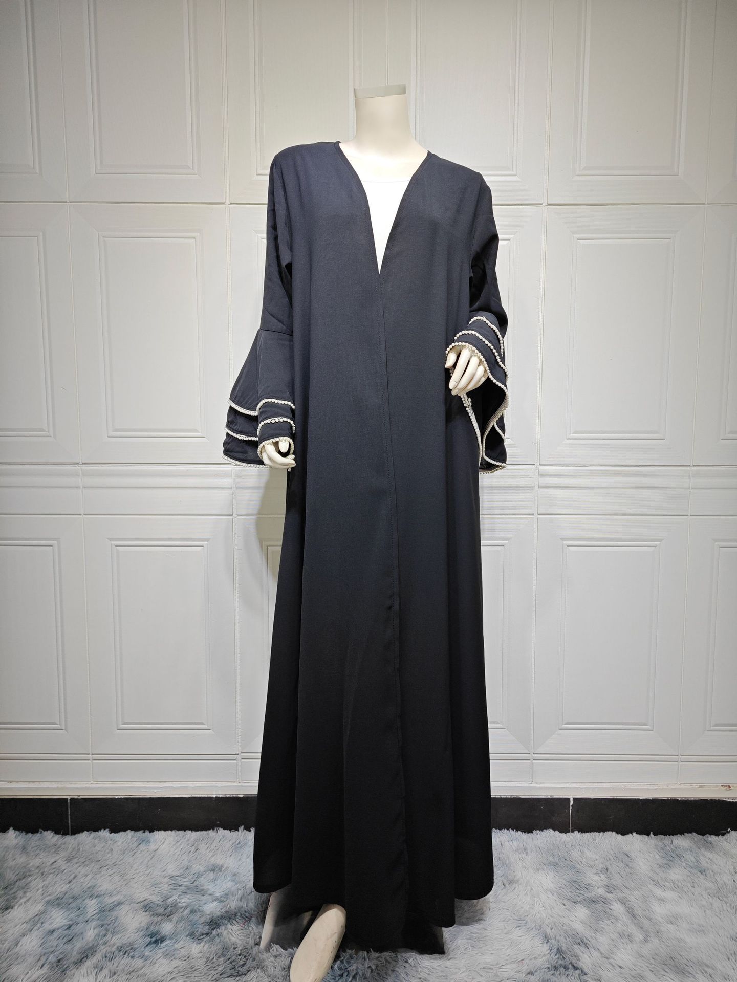 MQ120 Modest Arabic Dubai Cardigan Black Robe Cuff Beaded Abaya Fashion Coat_ecoleips.com