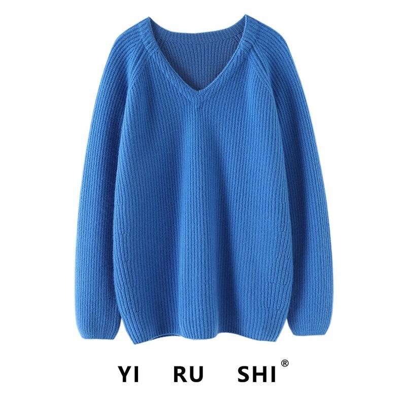 [Counter Quality] 100% Cotton Lake Blue V Neck Knitwear Women's Winter Wear Lazy Style Soft Waxy Long-Sleeved Knitwear