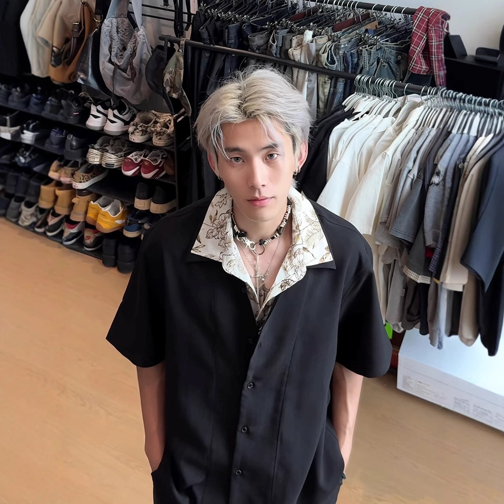 American Retro Floral Collar Fake Two-Piece Short-Sleeved Shirt Men's Summer Handsome High-End Design Ice Silk Shirt Jacket