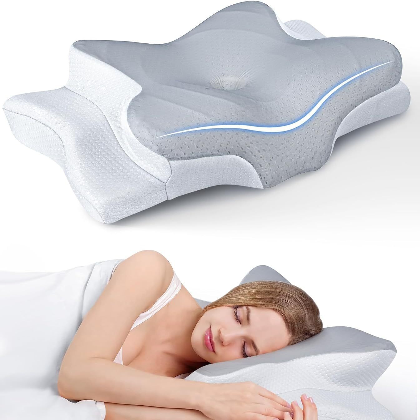 almohada de forma especial de mariposa amazónica para proteger la columna vertebral cervical, almohada de algodón de memoria de rebote lento para dormir profundamente, almohada de espina cervical para aliviar la presión