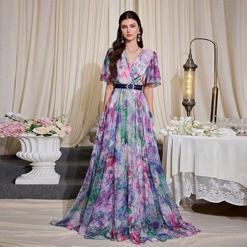 Ky2718 Oil Painting Style Floral Print Chiffon Dress V-Neck Flutter Sleeves Waist-Cinching Flowing Floor-Length Holiday Dress Ky2718 Oil Painting Style Floral Print Chiffon Dress V-Neck Flutter Sleeves Waist-Cinching Flowing Floor-Length Holiday Dress