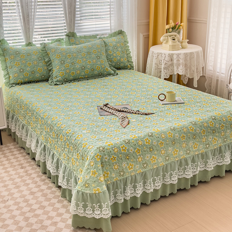 A类水洗棉麻双层纱床盖四件套 夹棉床笠被套枕套 蕾丝花边床盖