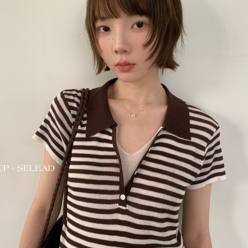 6up Summer Korean Style Fake Two-Piece Color-Block Striped Sweater for Women Guangzhou Thirteen Lines New Lazy Knitwear 60552