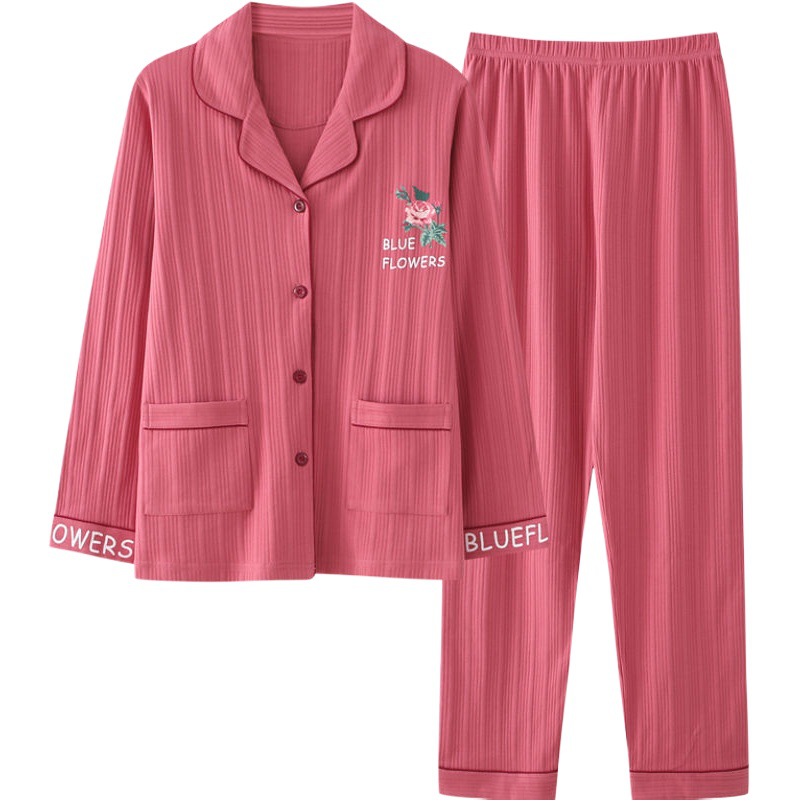 Pijamas de algodón puro Primavera y otoño de las mujeres de manga larga más tamaño cardigan traje de mediana edad y ancianos madre pijamas Otoño e Invierno