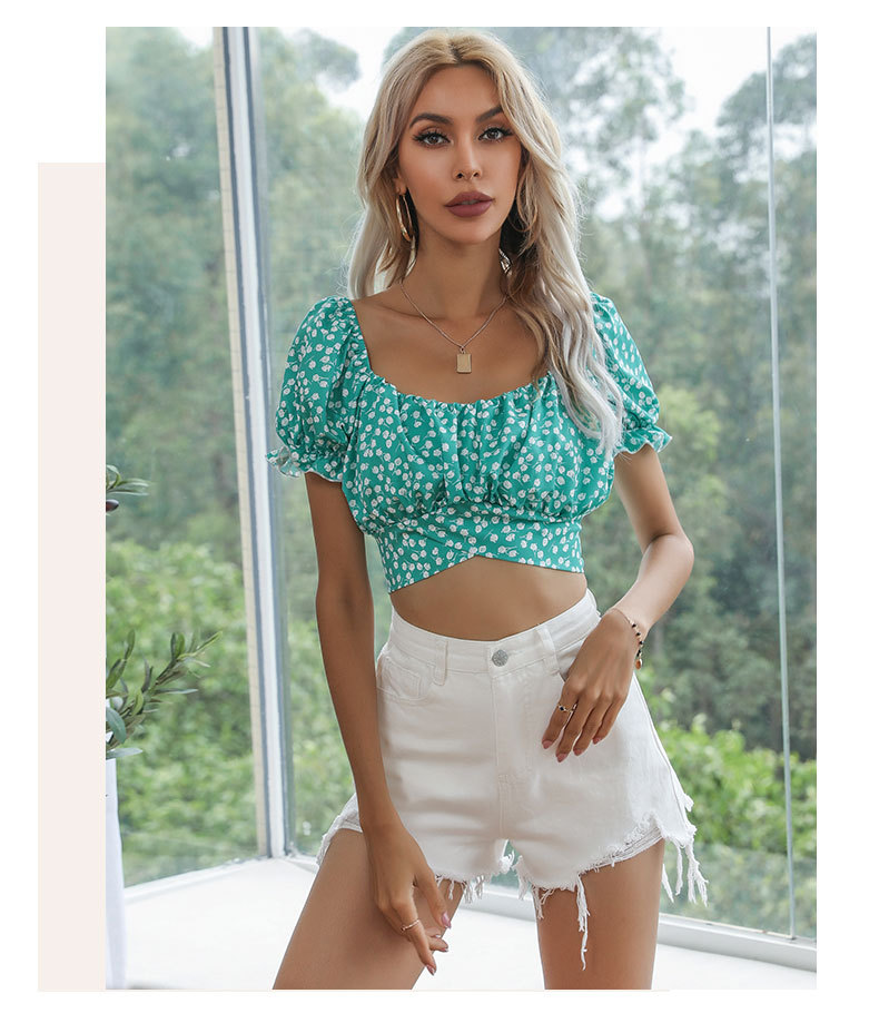 puff sleeved square neck waistless lace-up short floral top NSDMB127428