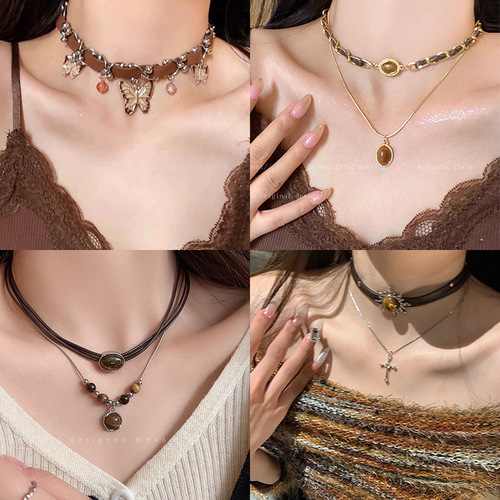 Le Marais Autumn/Winter Tiger Eye Titanium Steel Necklace for Women, Korean Style, Unique Design, Long Pendant Sweatshirt Chain Accessory, Versatile New Arrival