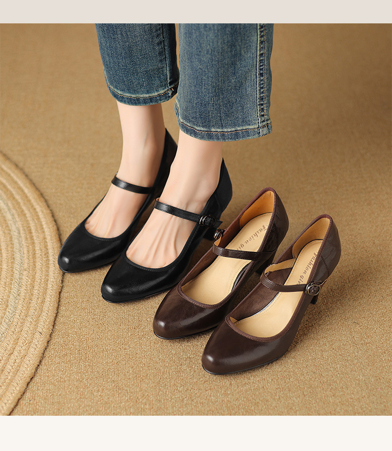 Giày cao gót nữ da cừu miệng nông gót dày Mary Jane 9 cm — Màu đen [9 cm] chi tiết 2