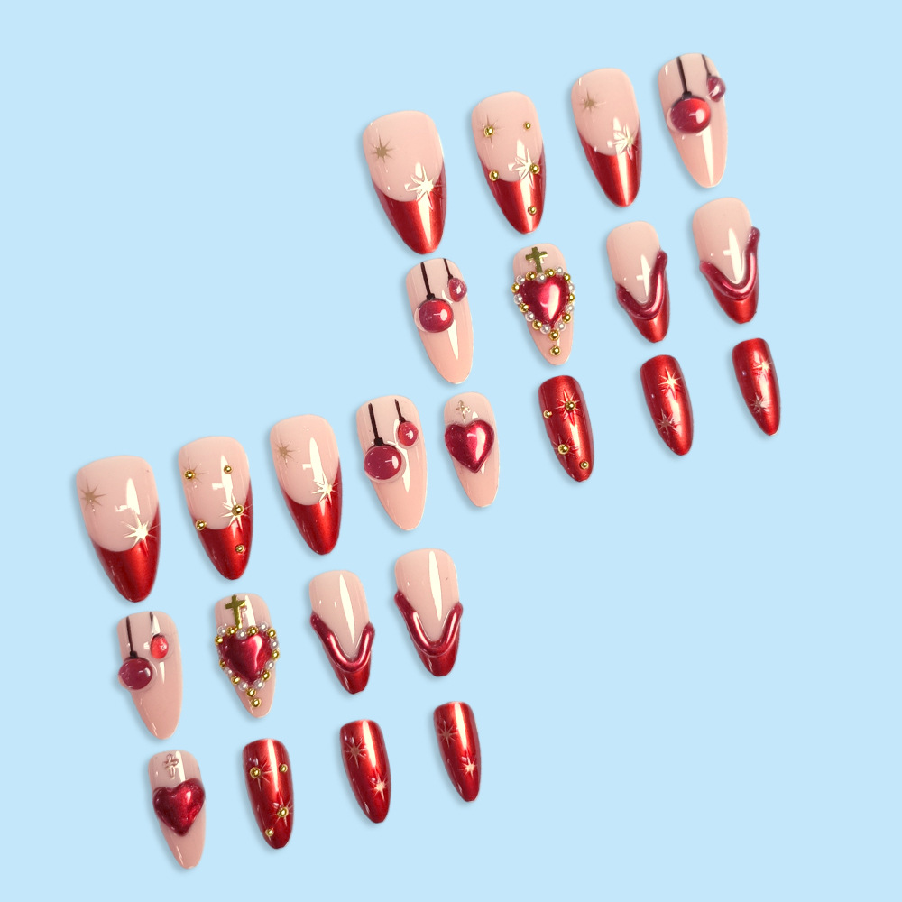 Corazón santo, diamante rojo, cereza, cruz de uñas, comercio exterior, lujo exquisito, 24 piezas de parche de uñas.