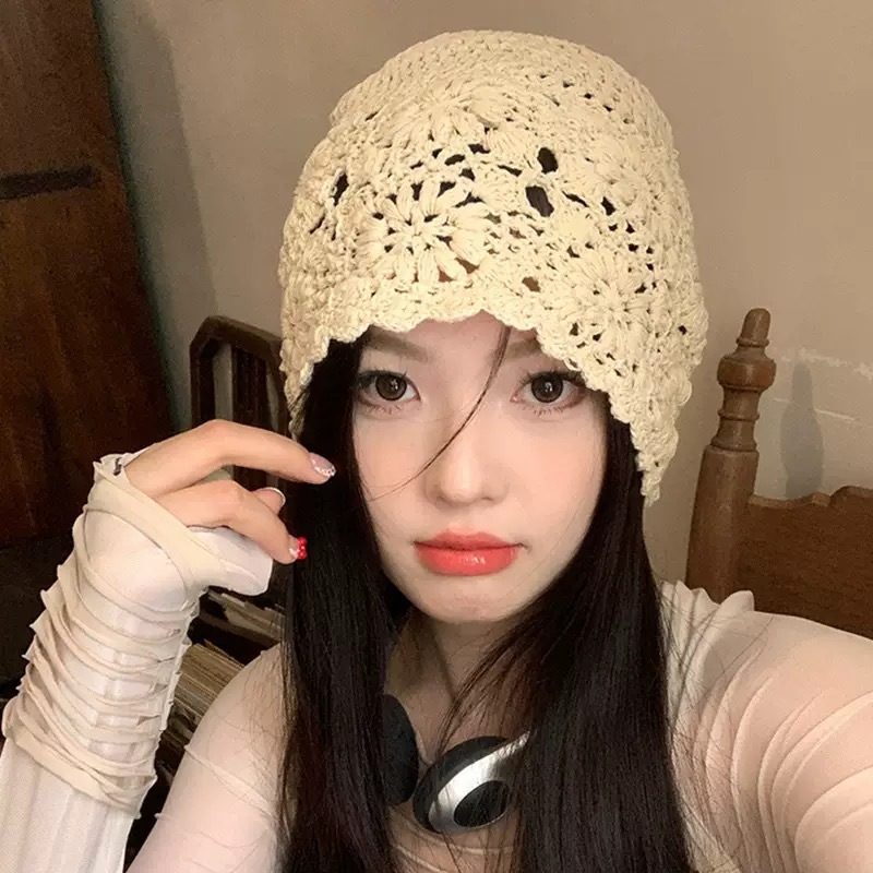 ins日系蝴蝶结镂空钩花包头冷帽女夏薄款显脸小透气毛线帽子ins风|undefined
