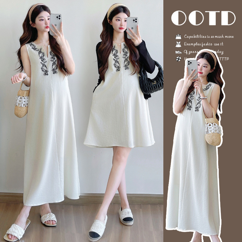 Real shot in stock ~ imitation hemp drape embroidery design ethnic style pregnant women dress