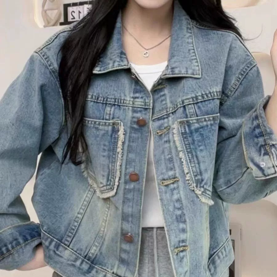 Denim autumn short retro blue jacket for leisure, oversize