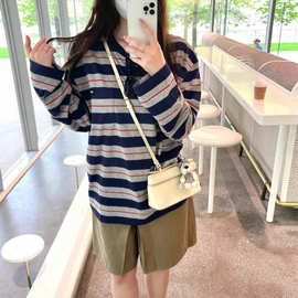 mi圆领长袖T恤女六月25夏季物理防晒衫微标撞色条纹宽松T恤上衣