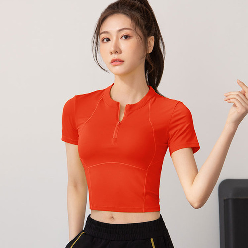 Summer thin half-zip fitness clothes for women, running quick-dry t-shirts, sports short-sleeved T-shirts, tight yoga tops