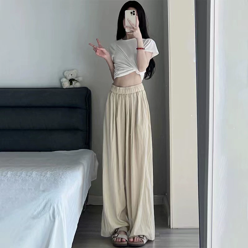 Брюки с высокой талией из шелка, тонкие, облегающие — для отдыха, широкие штанины, один размер (без карманов)
