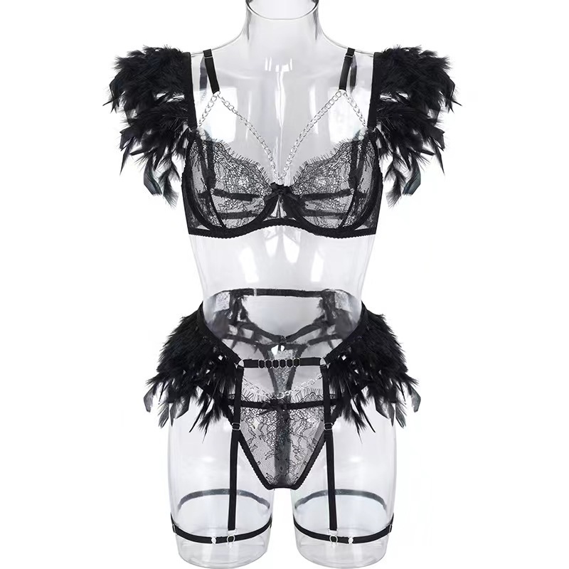 Black Chained Feather Lace Lingerie set | Luxiaa Clothing - Sexy Lingerie Online