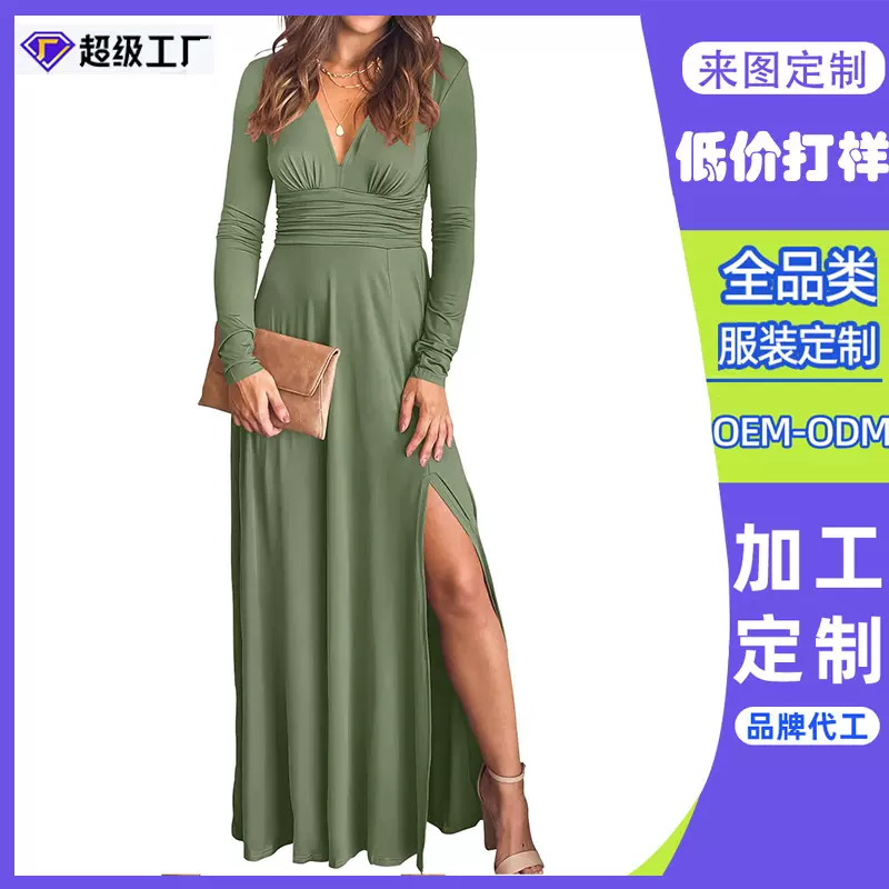 东莞工厂女士深V领长袖开衩2025秋季优雅正式婚礼宾客鸡尾酒晚装