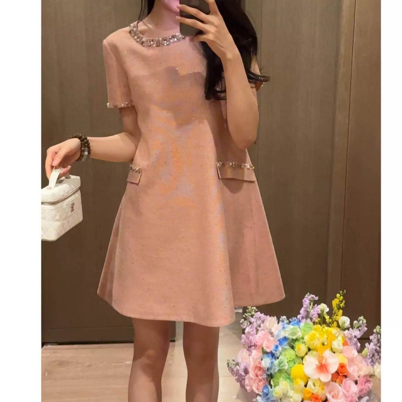 Chanel-Style Sequined Short-Sleeve Dress for Women, New Summer French-Style High-End Slimming A-Line Dress