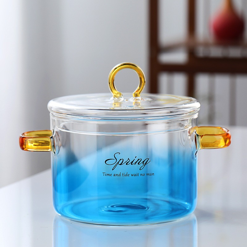 Entrega de la fábrica olla de vidrio de borosilicato alta calefacción doméstica olla de vidrio fideos de cocina olla de doble oreja olla de sopa azul degradado con tapa