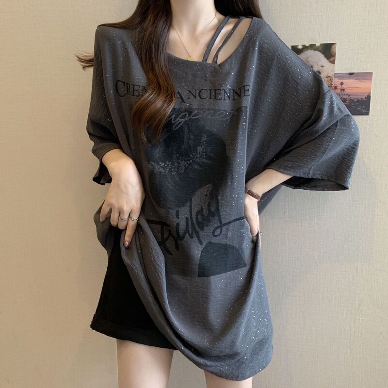 Plus-Size Mid-Length Sequined Asymmetrical Collar Short-Sleeve T-Shirt for Women, Summer 2026 New Fashion Loose Slimming Stylish Top Plus-Size Mid-Length Sequined Asymmetrical Collar Short-Sleeve T-Shirt for Women, Summer 2026 New Fashion Loose Slimming Stylish Top