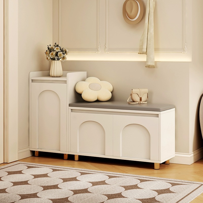 Casa de estilo crema Cambio de zapatos taburete puerta casa sentado zapato gabinete taburete integrado entrada zapato puerta portando taburete