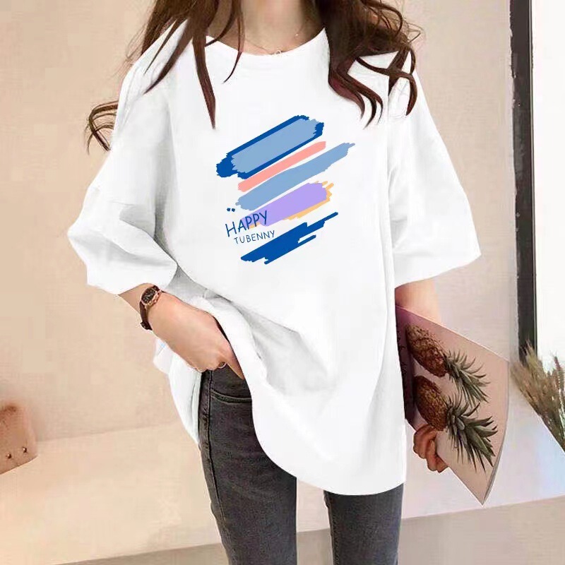 [Happy Rainbow] Short-sleeved T-shirt Women's New Summer Cotton Loose Shoulder Printing All-match Fashion Base Shirt
