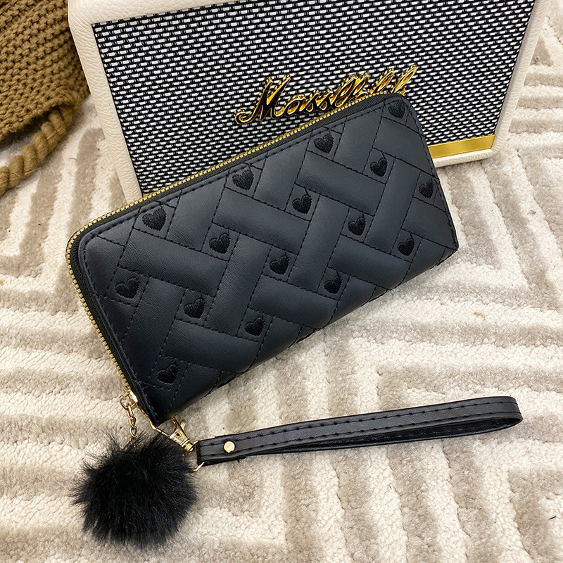 Spring And Summer Women's Wallet With Fur Ball Medium And Long Clutch Bagy Love Double Layer Coin Phone Bag