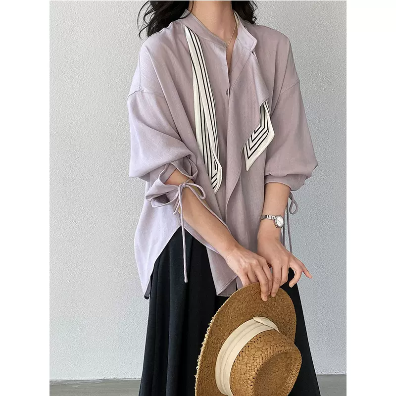 江左 春日小苍兰浪漫轻法配丝巾系带衬衫女26春宽松百搭上衣1766