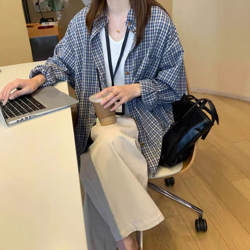 Blue Grid Long-Sleeve Women's Shirt Spring Summer Autumn Sun Protection Top Casual Loose Matchable Top Thin Jacket