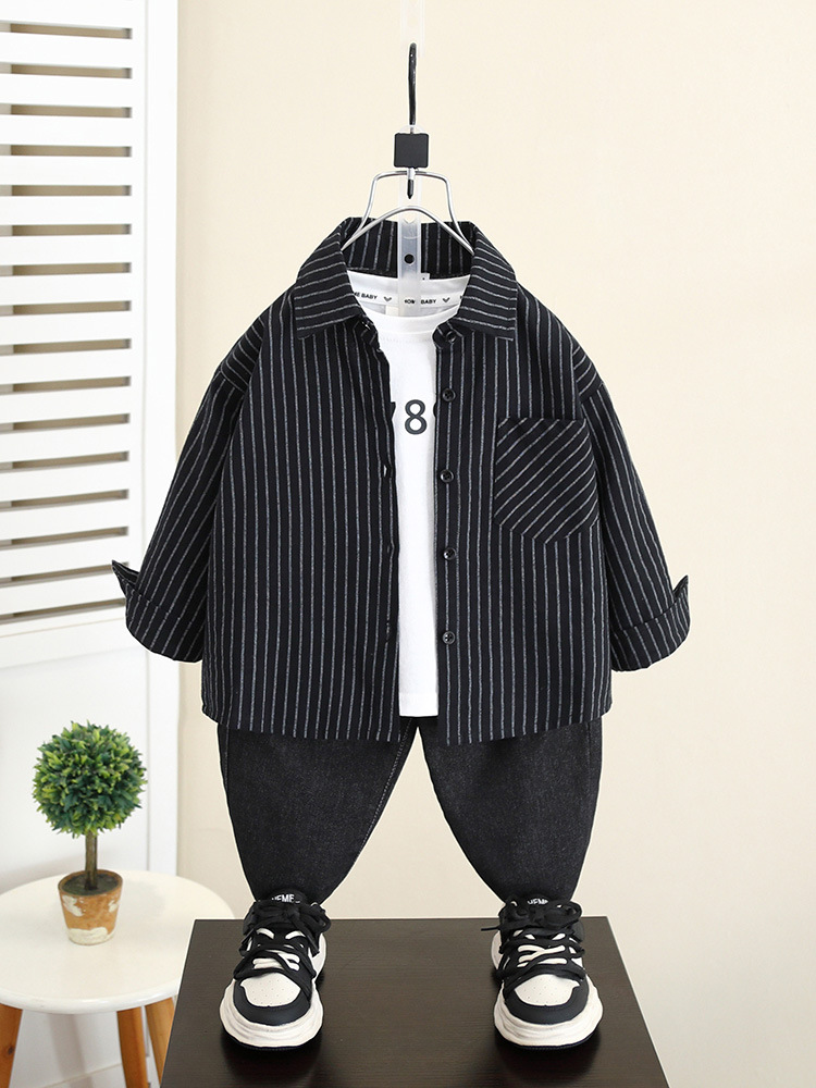 5991 Traje de otoño para niños 2024 Nuevo estilo Cool y guapo Camisa a rayas para bebés Chaleco de dos piezas Primavera y otoño para niños