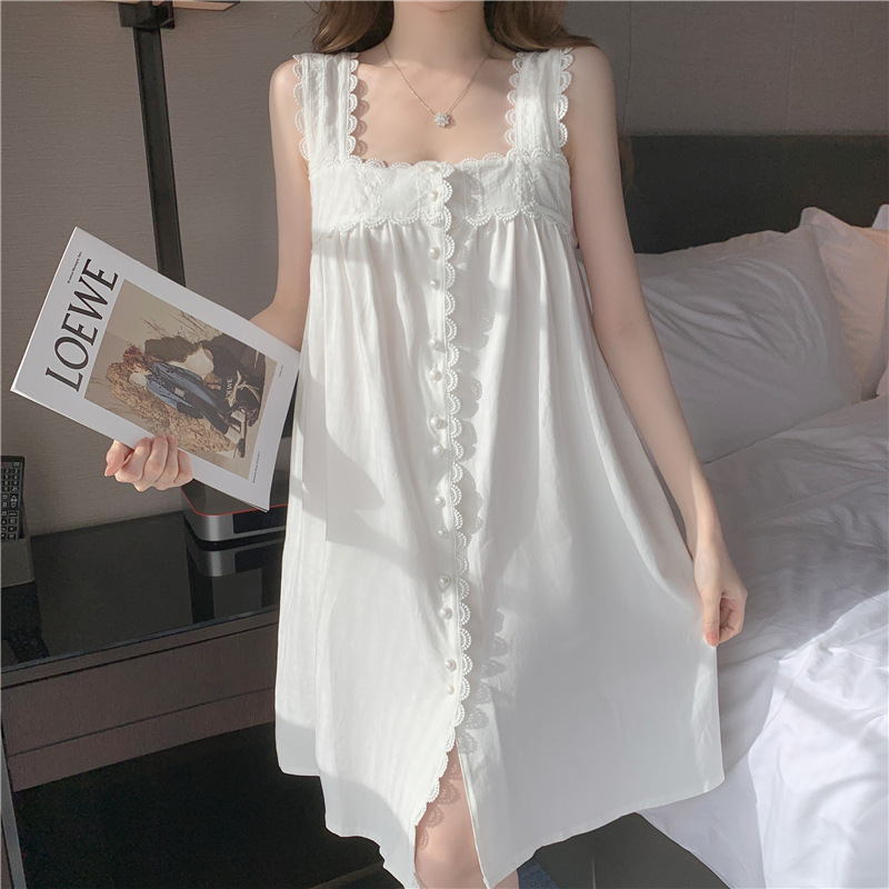 여성용 잠옷 신상품 오데르 코튼 여름용 소녀용 스퀘어넥 편안한 궁궐풍 활기찬 민소매 중간 길이 잠옷