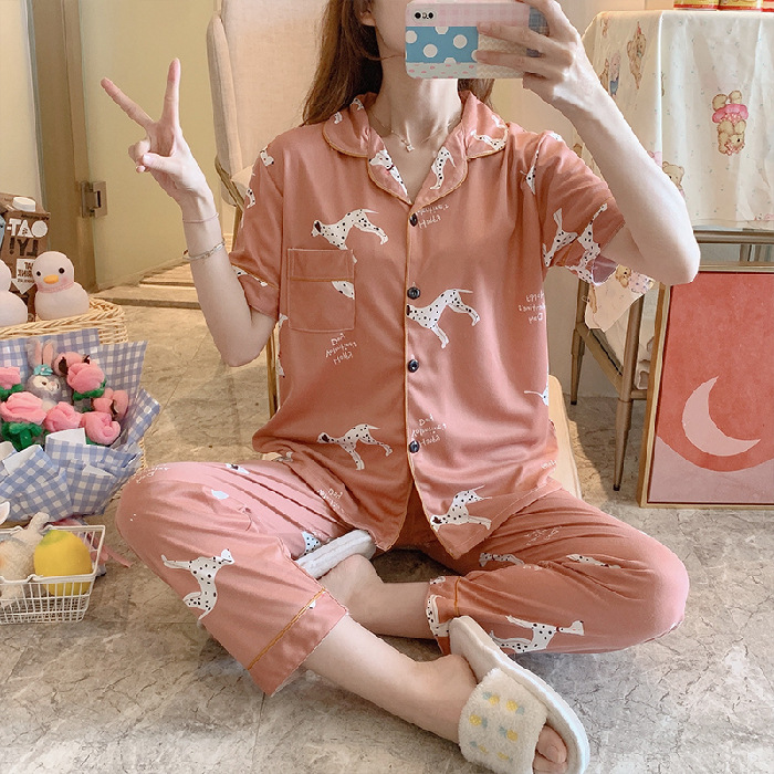 Pantalones de manga corta pijamas de las mujeres de verano estilo coreano ins cardigan leche traje de seda hogar ocio dibujos animados estudiante fuera image 6