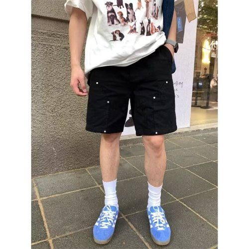 Vintage American Metal Button Decor Work Pants for Men Trendy Cool Casual Five-Finger Pants INS