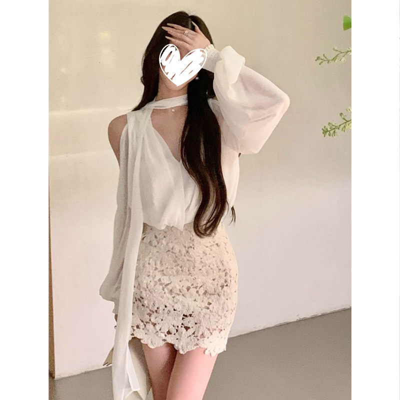 Elegant and Sophisticated V-Neck Chiffon Long-Sleeve Shirt with Ribbon Design and Hip-Hugging Lace Skirt Two-Piece Set Elegant and Sophisticated V-Neck Chiffon Long-Sleeve Shirt with Ribbon Design and Hip-Hugging Lace Skirt Two-Piece Set