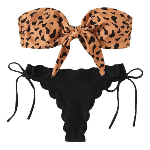 2024 New Amazon Leopard Print Split Beach Swimsuit Women's Lace Tie European and American Sexy Bikini