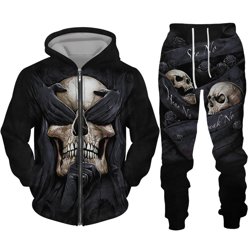Comercio exterior transfronterizo impresión digital 3D chaqueta con capucha de calavera de terror de dos piezas para hombres europeos y americanos MF08-ML01