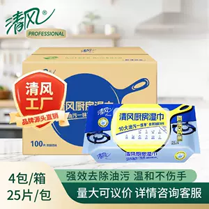 清风厨房湿巾25片*4包 超大加厚尺寸 一片去油去污箱装BWB25KE