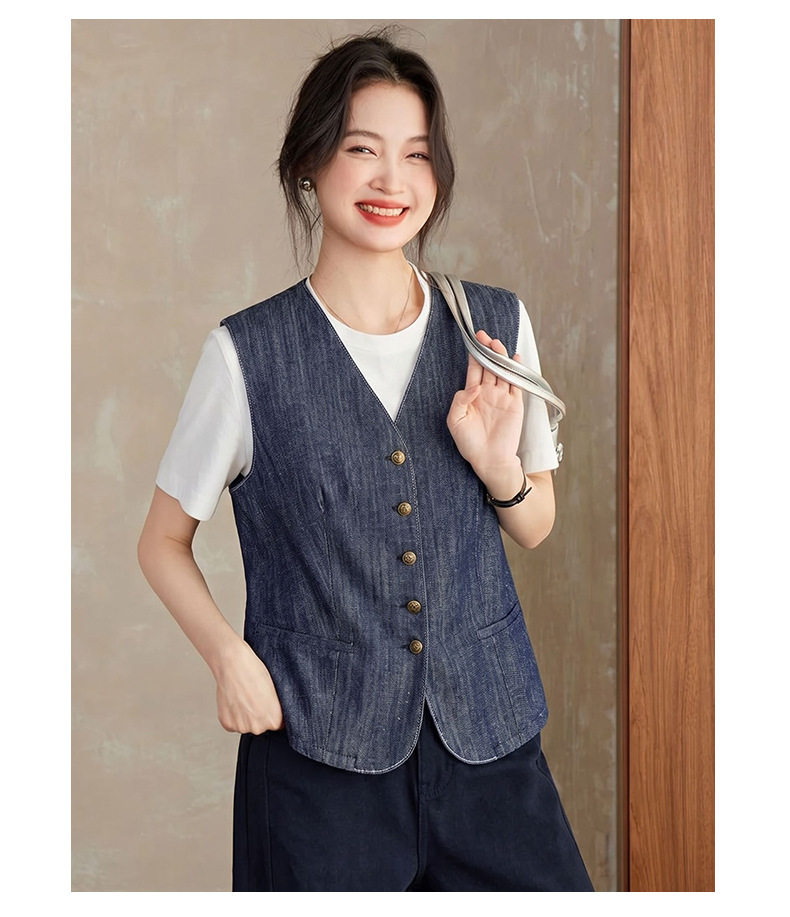 Áo vest denim nữ cổ chữ V phong cách retro, áo khoác mặc ngoài dáng suông dài 50–65 cm — Xanh cổ điển chi tiết 3
